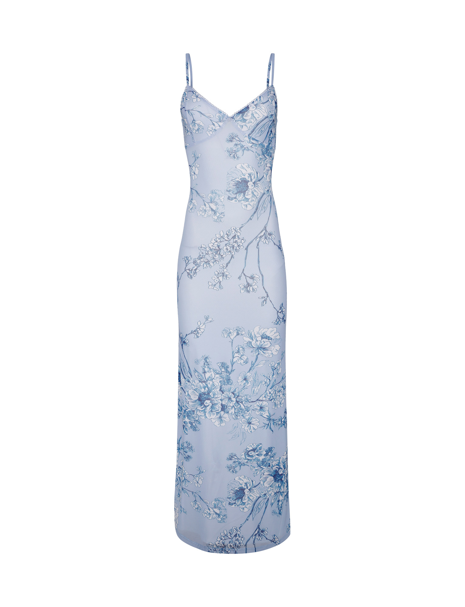 Full-length blue botanical maxi dress with delicate floral print detail