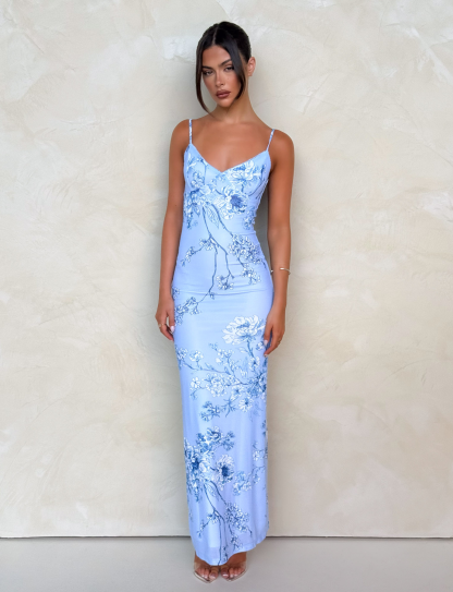 Light blue floral maxi dress with spaghetti straps and botanical print