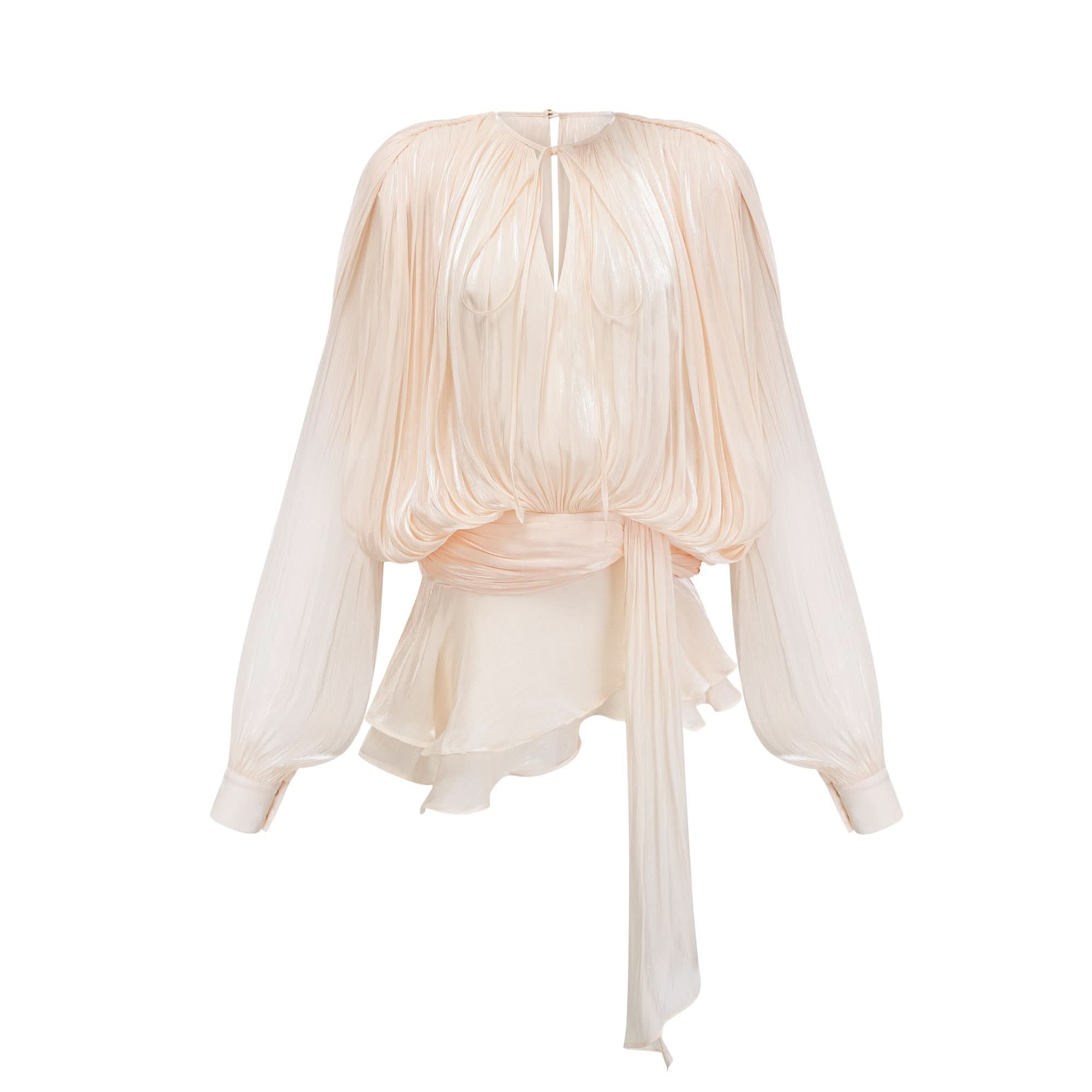 Cream pleated ruffle mini dress with long billowing sleeves and tie waist