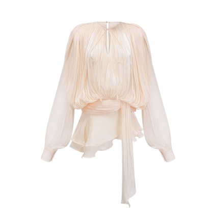 Cream pleated ruffle mini dress with long billowing sleeves and tie waist