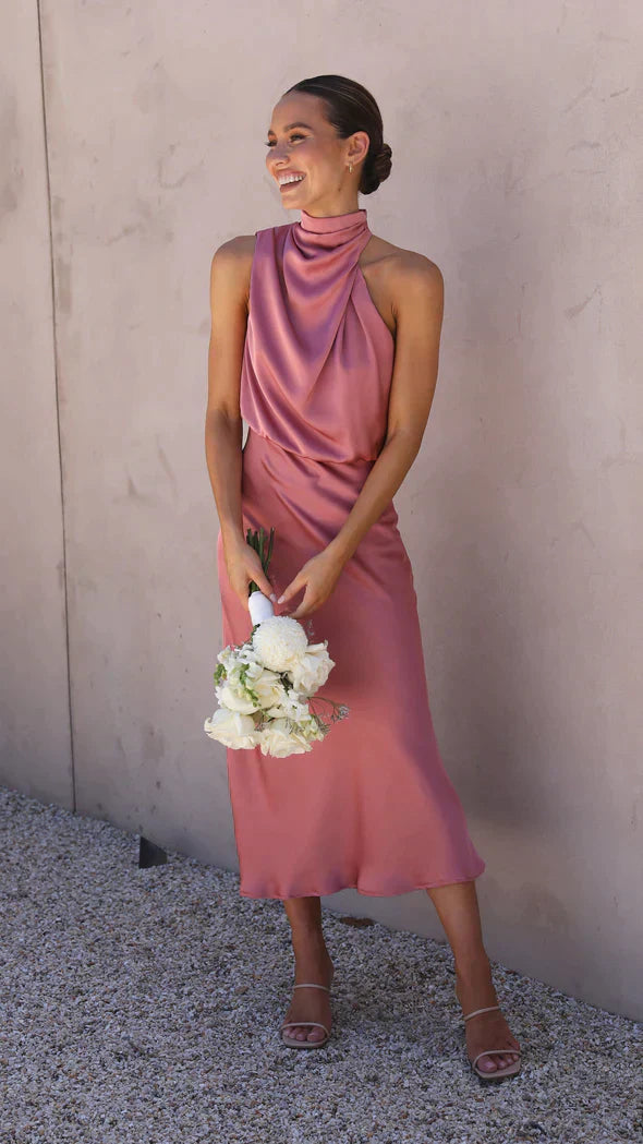 Rose pink draped halter midi dress with gathered bodice