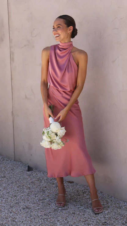 Rose pink draped halter midi dress with gathered bodice
