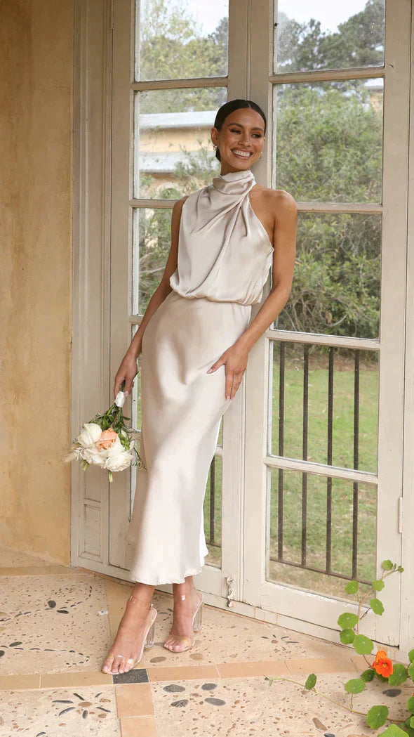 Cream draped halter midi dress with flowing neckline detail