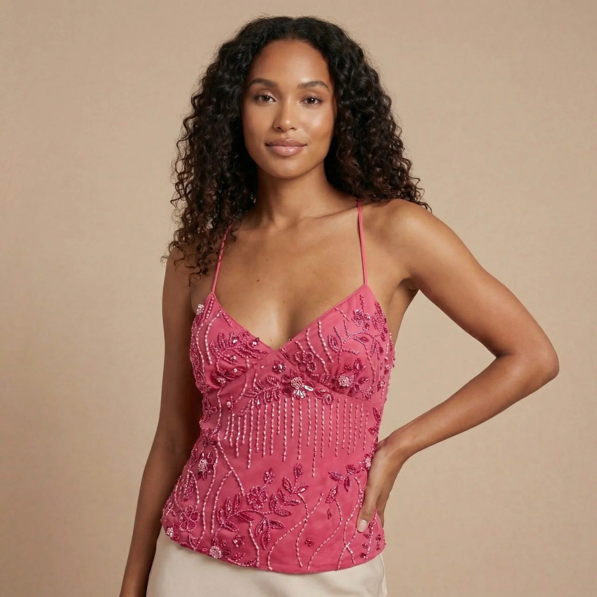 Hot pink beaded sequin cami tank with detailed fringe embellishment and spaghetti straps