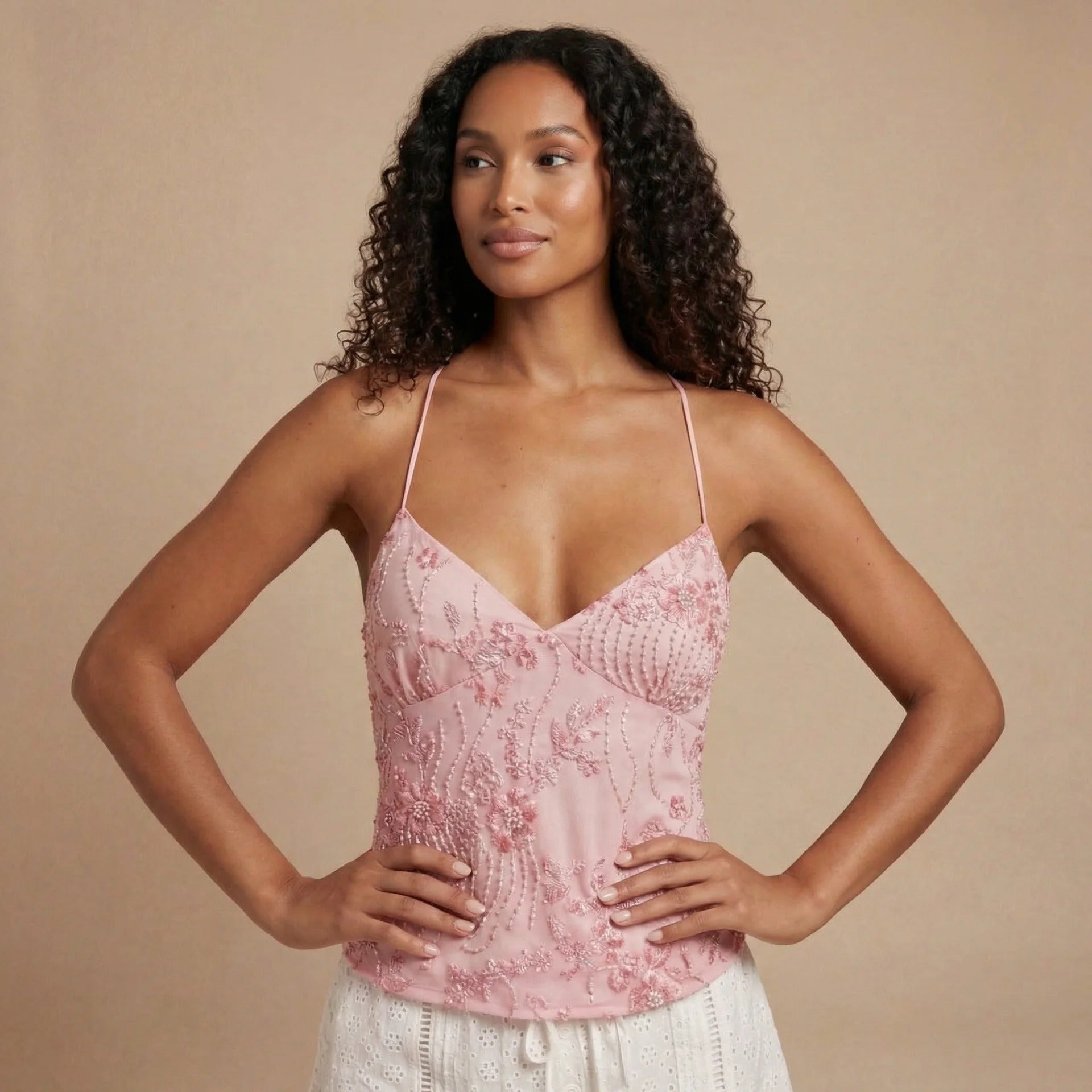 Light pink sequin tank top with v-neck wrap bodice and beaded fringe for women