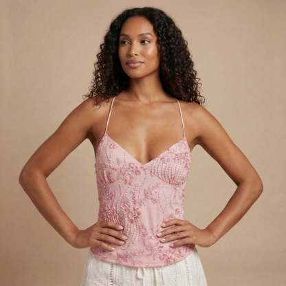 Light pink sequin tank top with v-neck wrap bodice and beaded fringe for women
