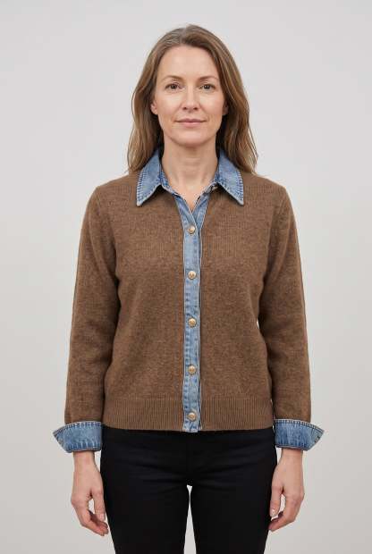 Cataleya Denim-Look Collar Cardigan - Brown