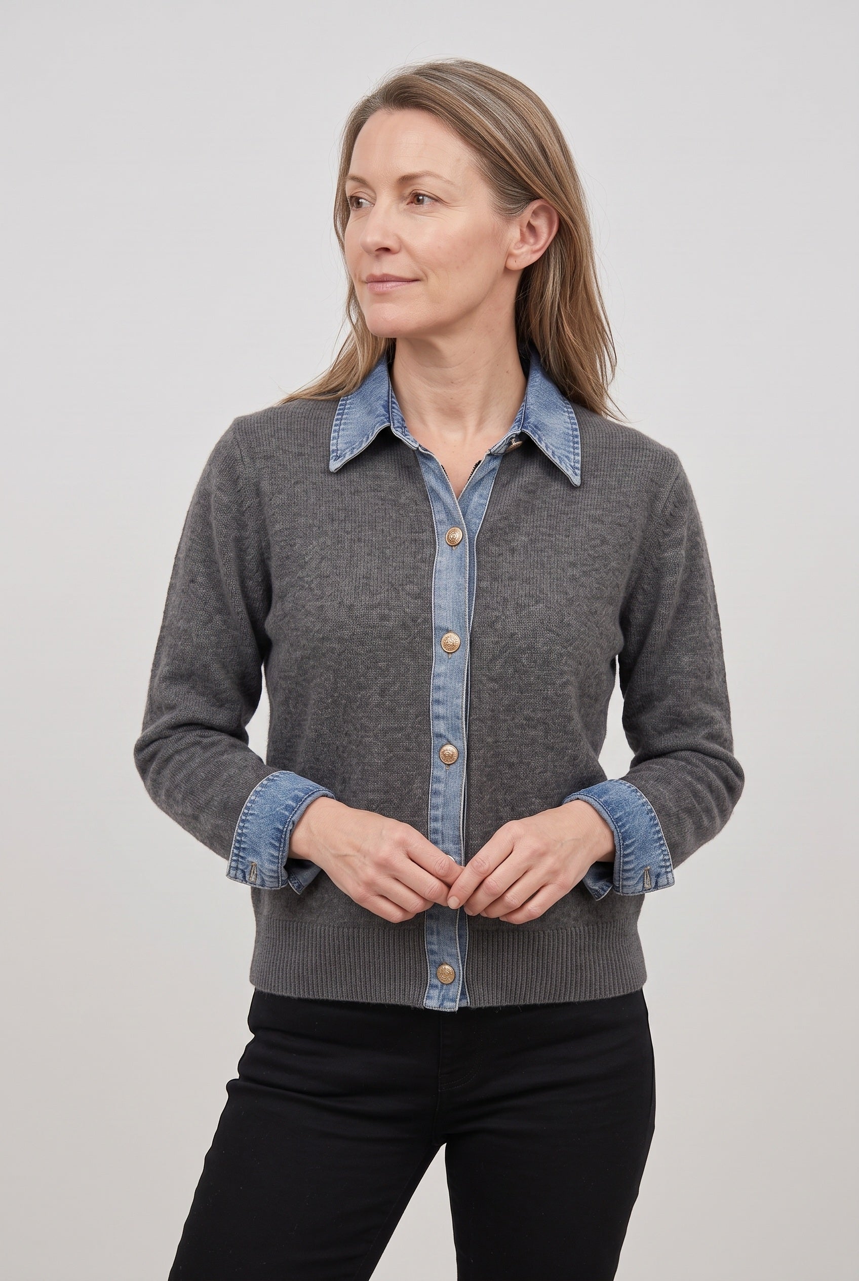 Cataleya Denim-Look Collar Cardigan - Gray