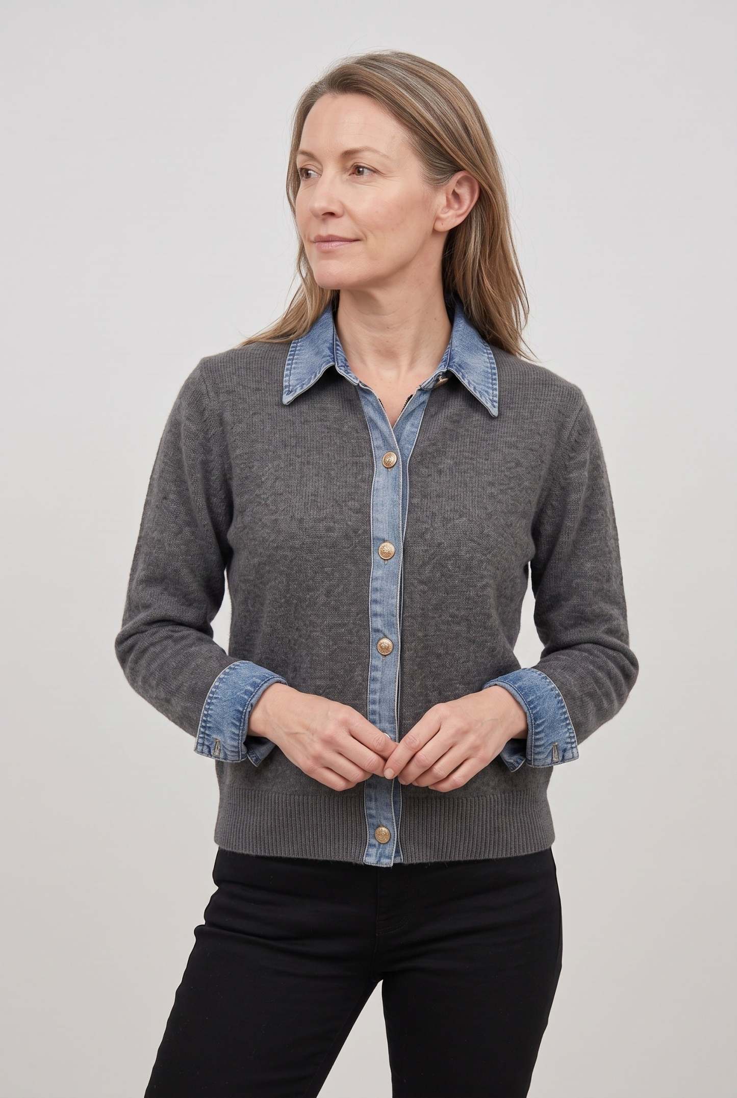 Cataleya Denim-Look Collar Cardigan - Gray
