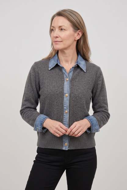 Cataleya Denim-Look Collar Cardigan - Gray