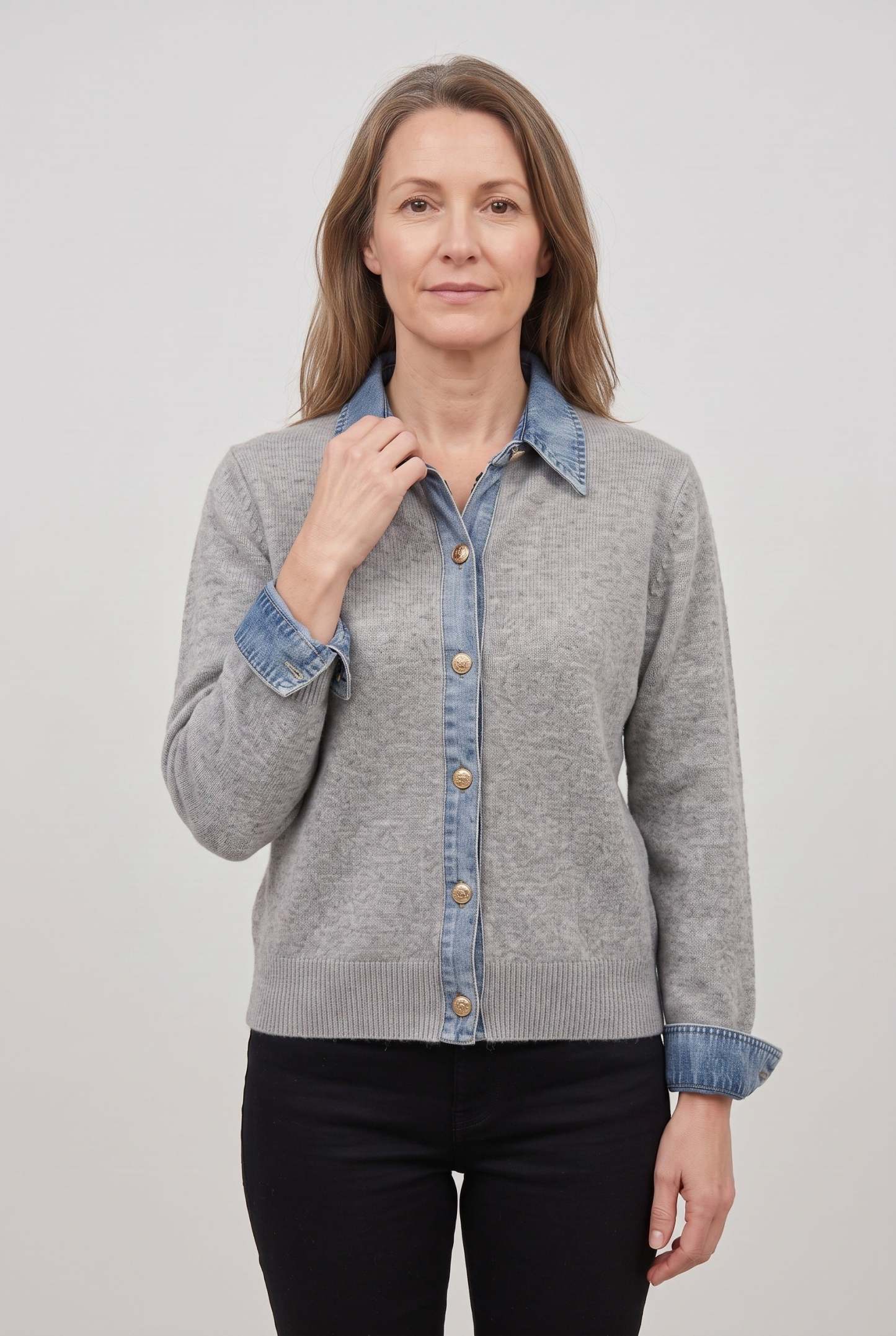 Cataleya Denim-Look Collar Cardigan - Light Gray