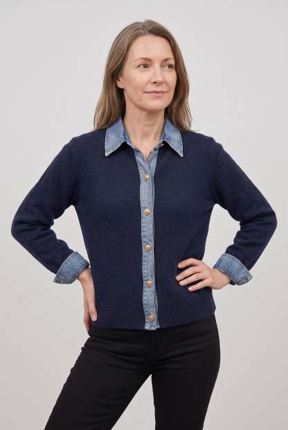 Cataleya Denim-Look Collar Cardigan - Navy