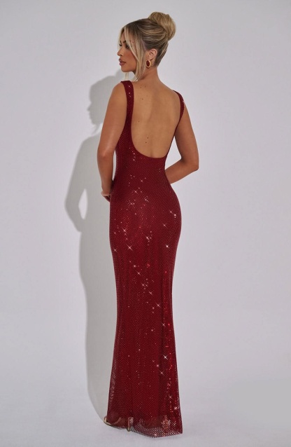 Burgundy sequin maxi dress back view showing open back and mesh details