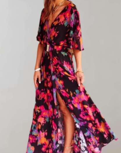 Black floral wrap maxi dress with vibrant pink and orange blooms