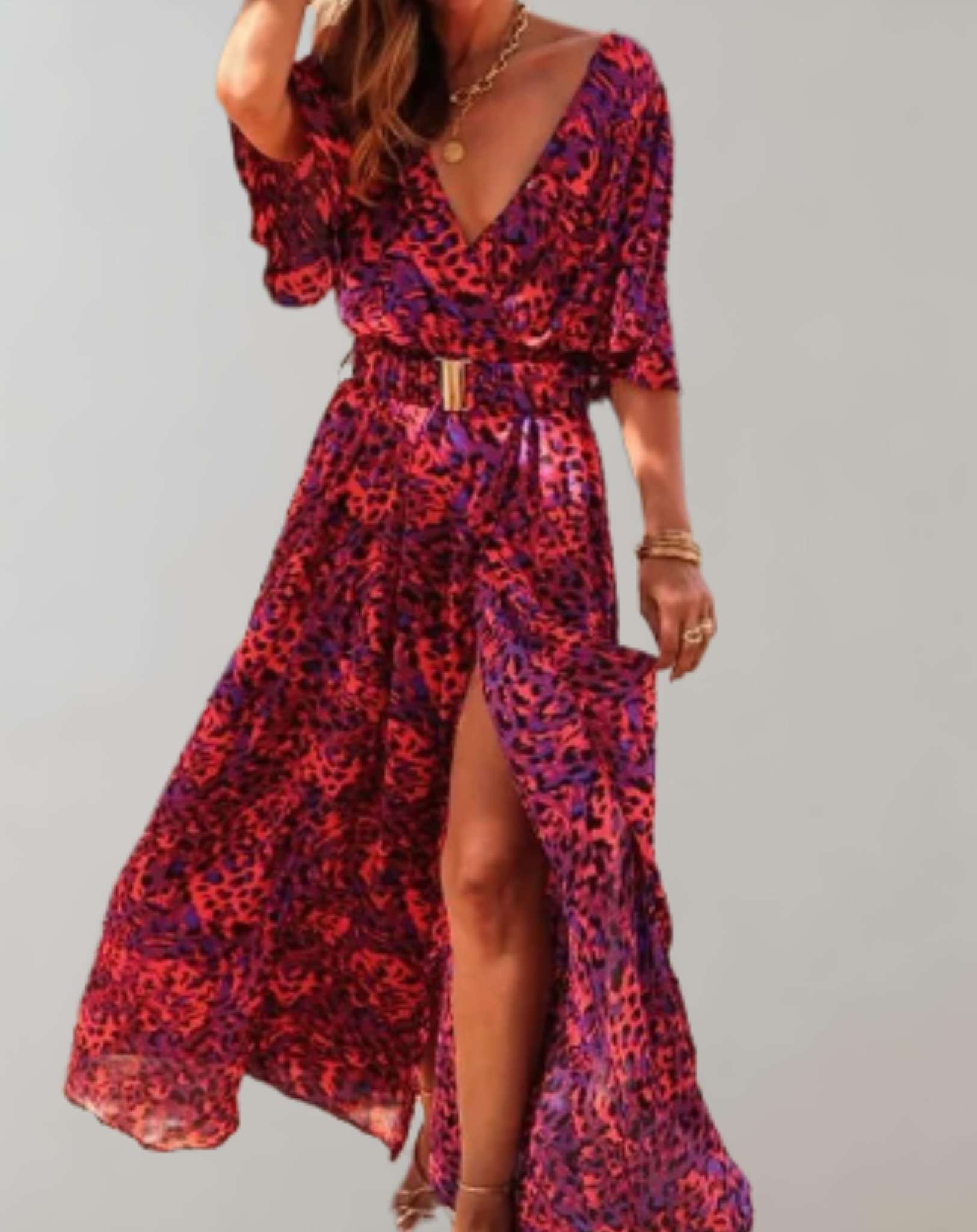 Red leopard print wrap maxi dress with deep v-neckline