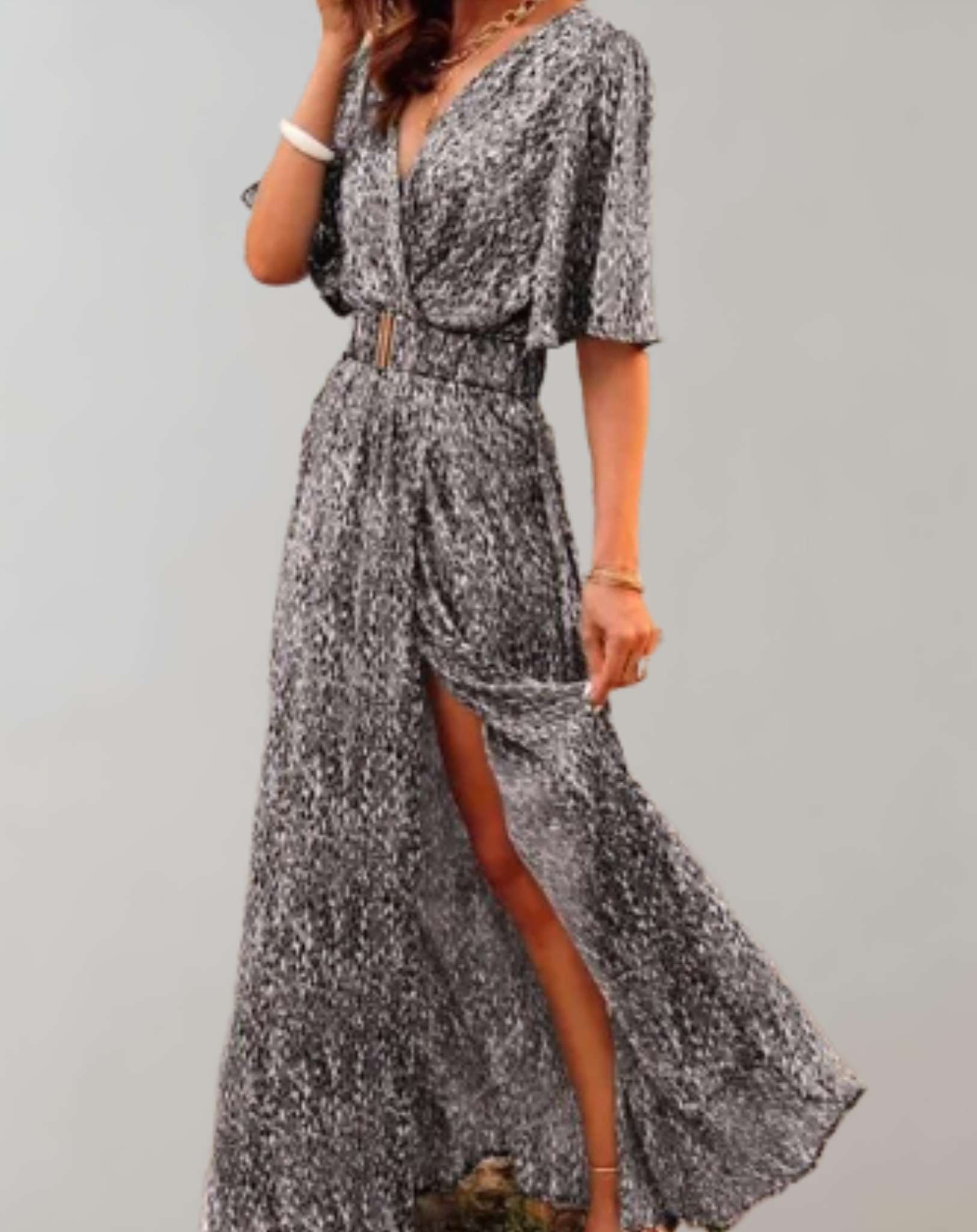 Silver sequin wrap maxi dress with half sleeves and thigh slit