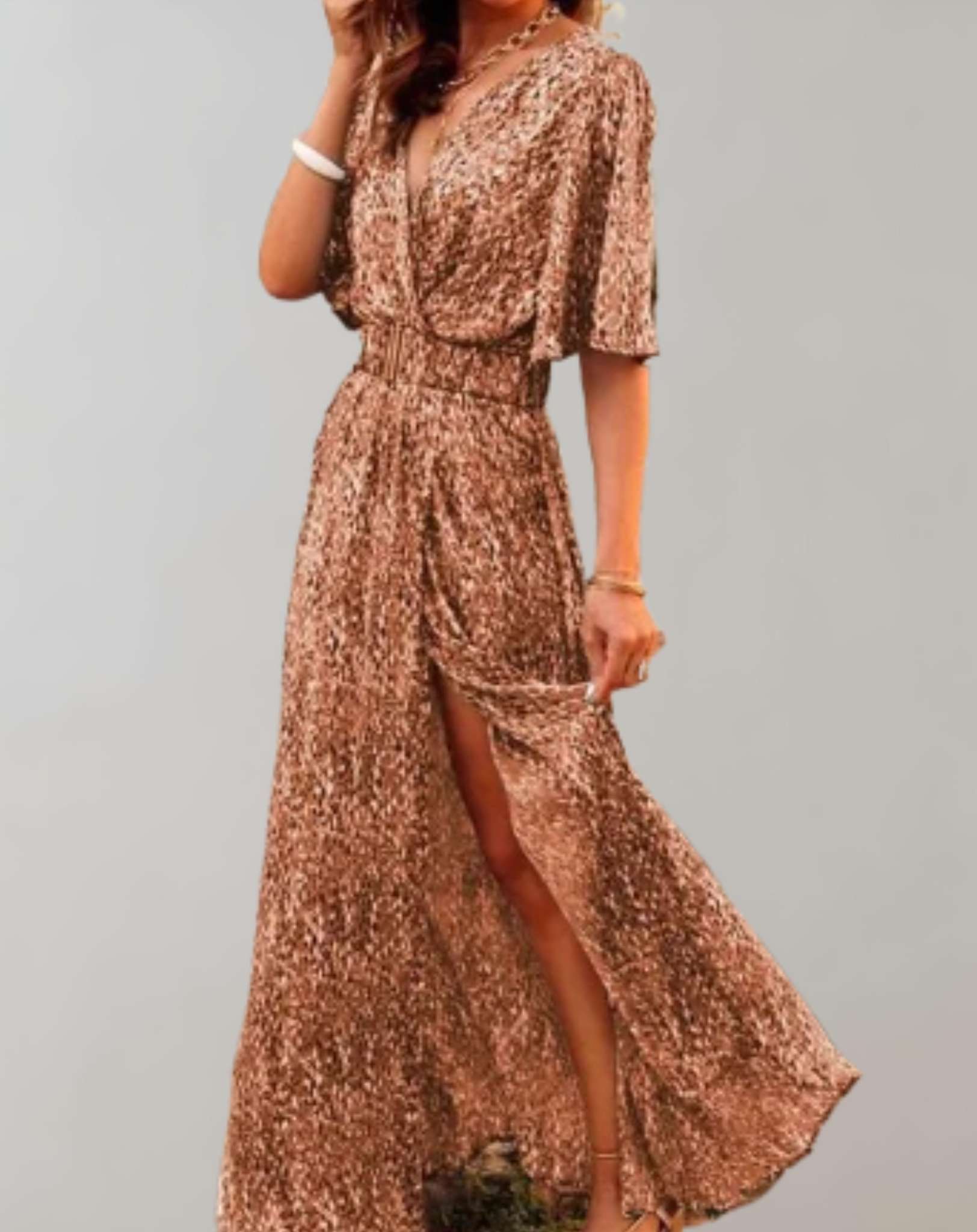 Taupe sequin wrap maxi dress with flutter sleeves