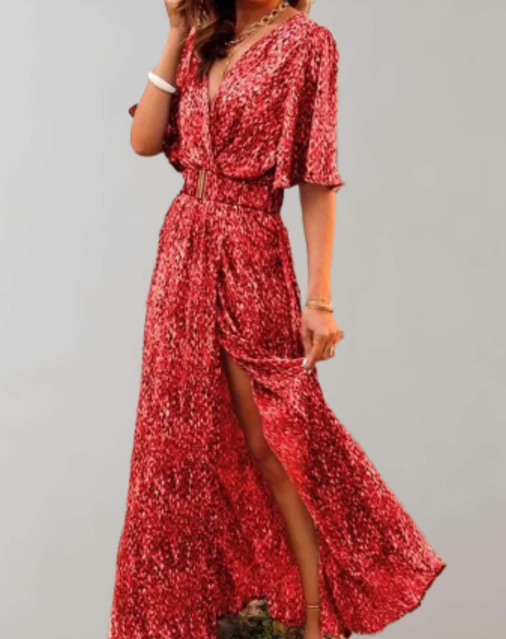 Coral red sequin wrap maxi dress with half sleeves