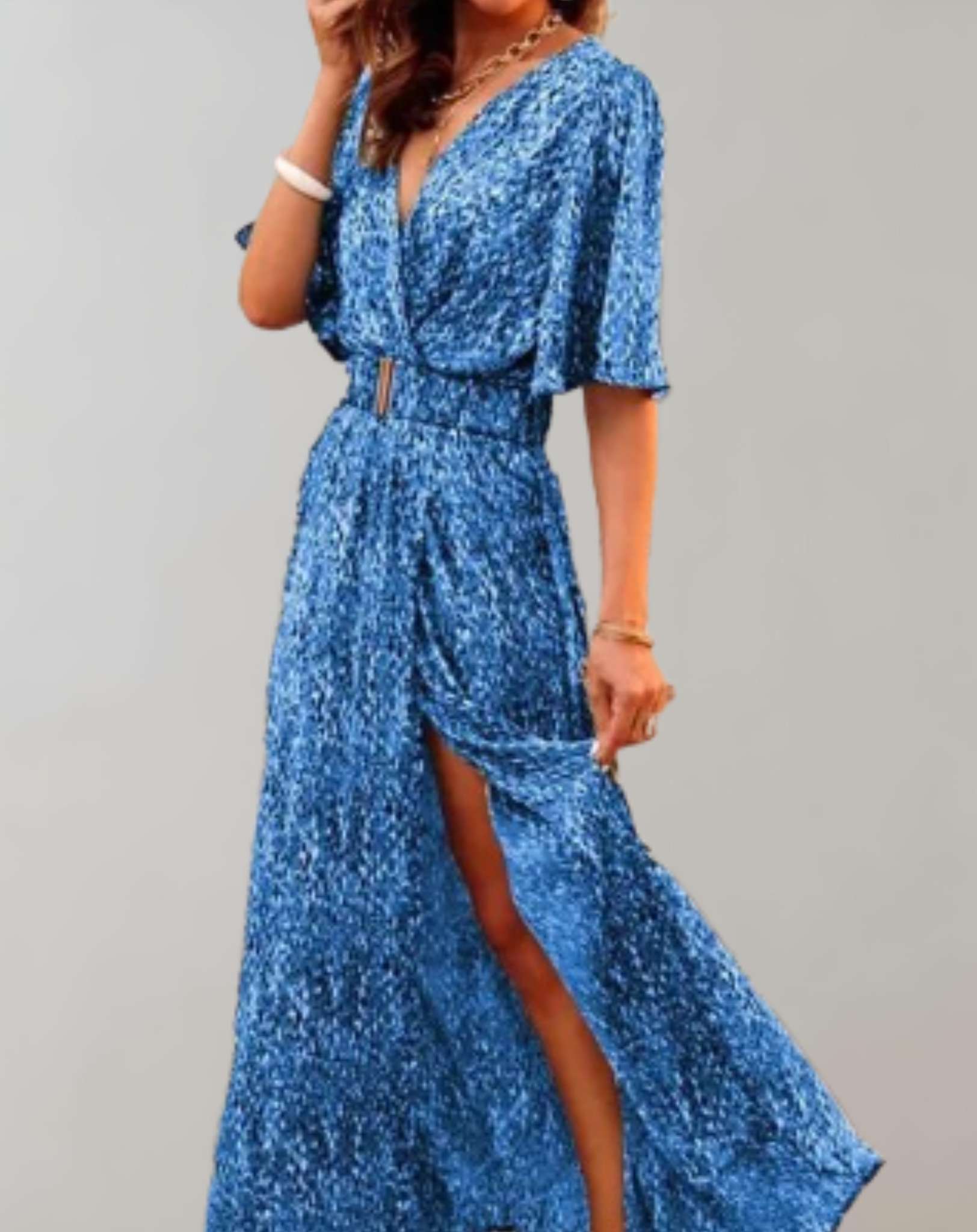 Blue sequin wrap maxi dress with textured fabric and leg slit