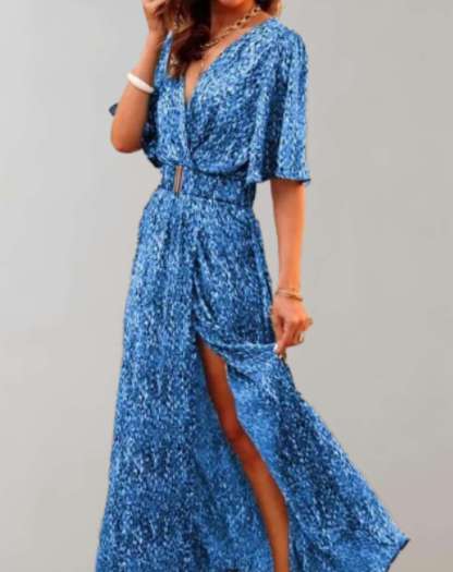 Blue sequin wrap maxi dress with textured fabric and leg slit