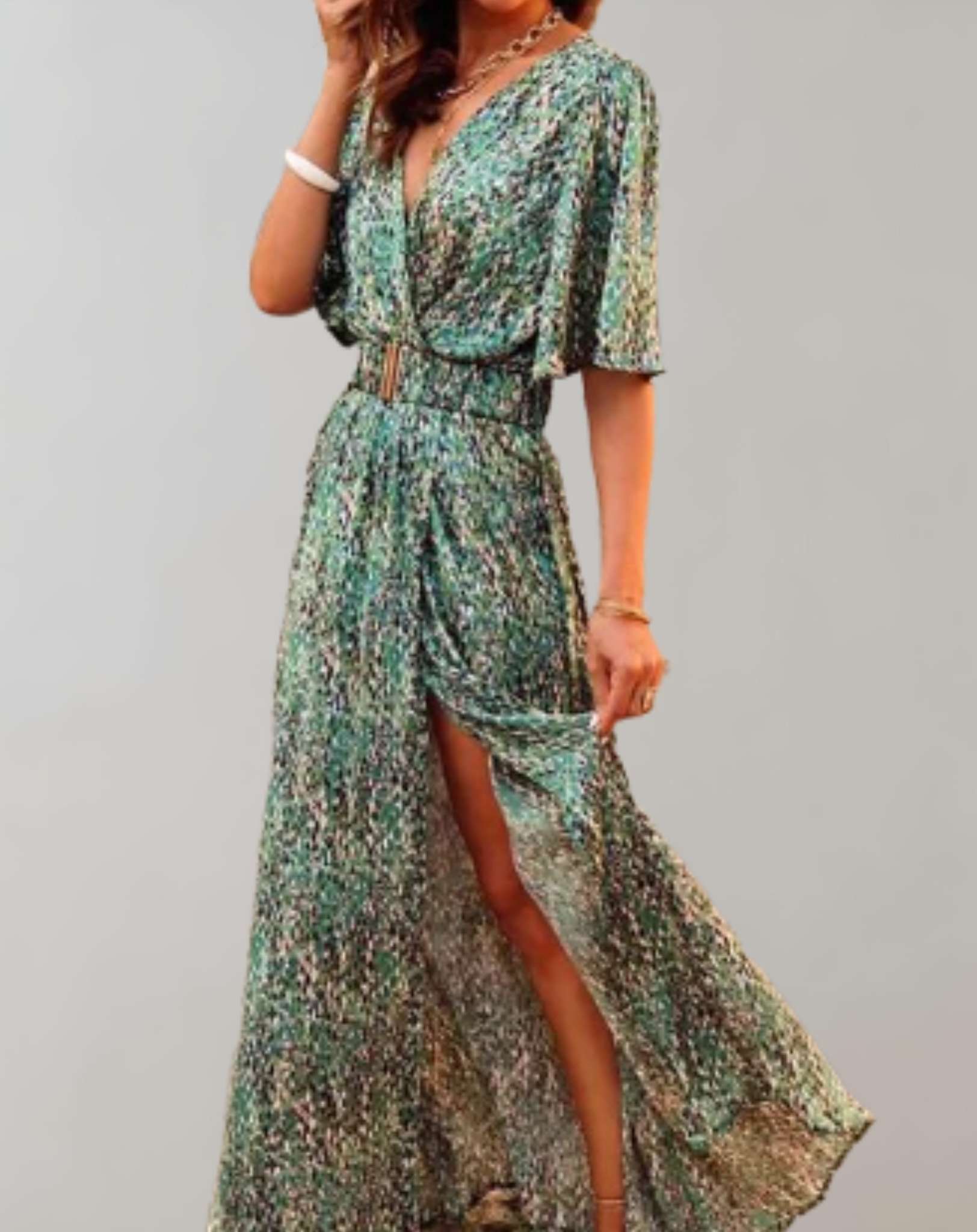 Green sequin wrap maxi dress with half sleeves and high slit
