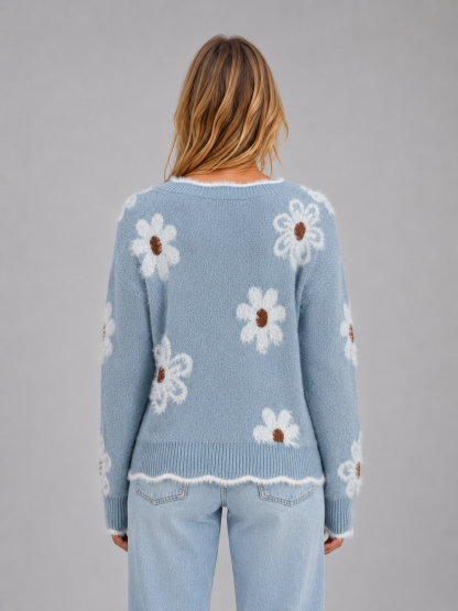 Catrin Floral V-Neck Sweater - Light Blue Floral