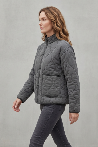 Cavelline High Neck Wave Quilted Zip Up Jacket