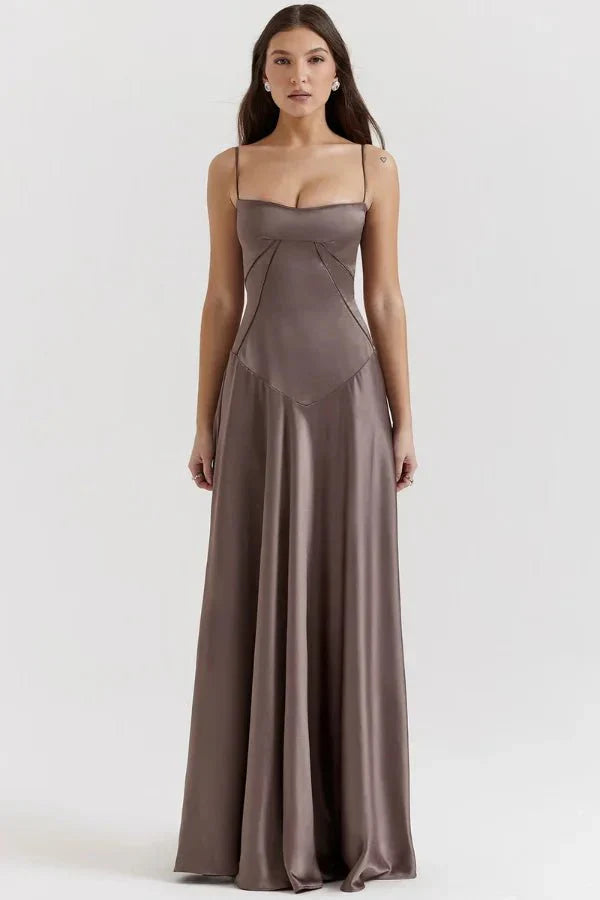 Taupe corset maxi dress with spaghetti straps and fitted bodice