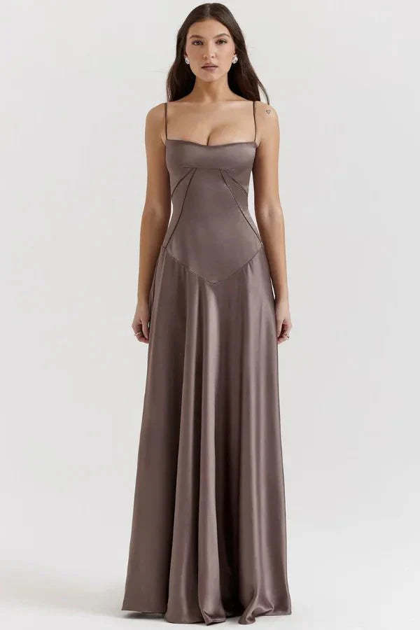 Taupe corset maxi dress with spaghetti straps and fitted bodice