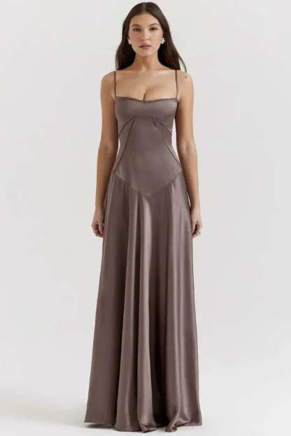 Taupe corset maxi dress with spaghetti straps and fitted bodice
