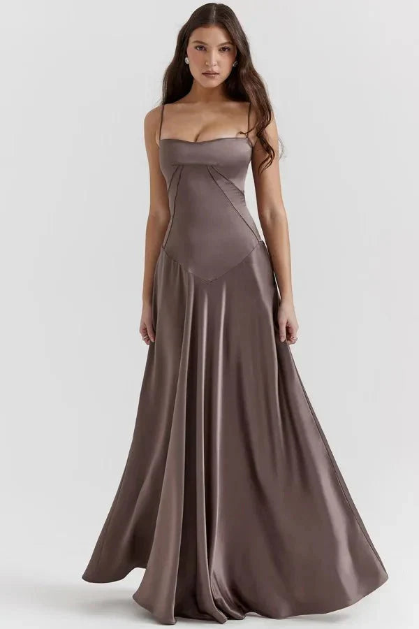 Taupe corset maxi dress with sweetheart neckline and flowing skirt