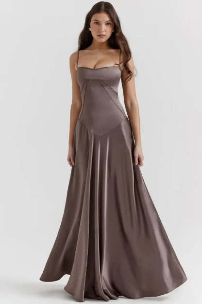 Taupe corset maxi dress with sweetheart neckline and flowing skirt