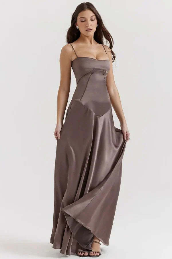 Taupe maxi dress with structured corset bodice and draped skirt detail