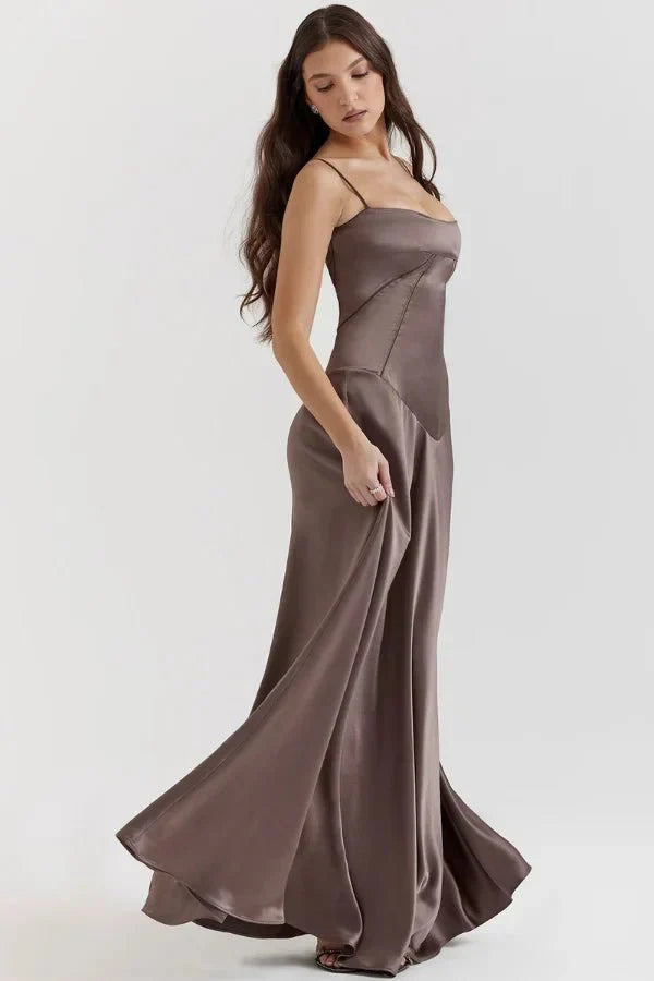 Taupe corset maxi dress with spaghetti straps and flowing train