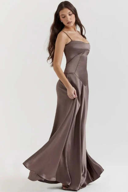 Taupe corset maxi dress with spaghetti straps and flowing train