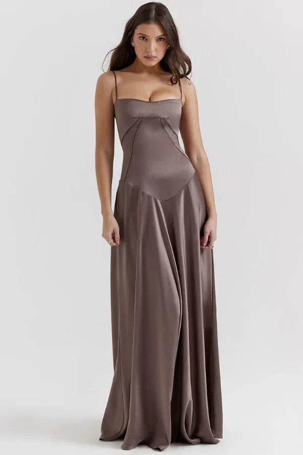 Taupe corset maxi dress with lace-up back detail and flowing hem