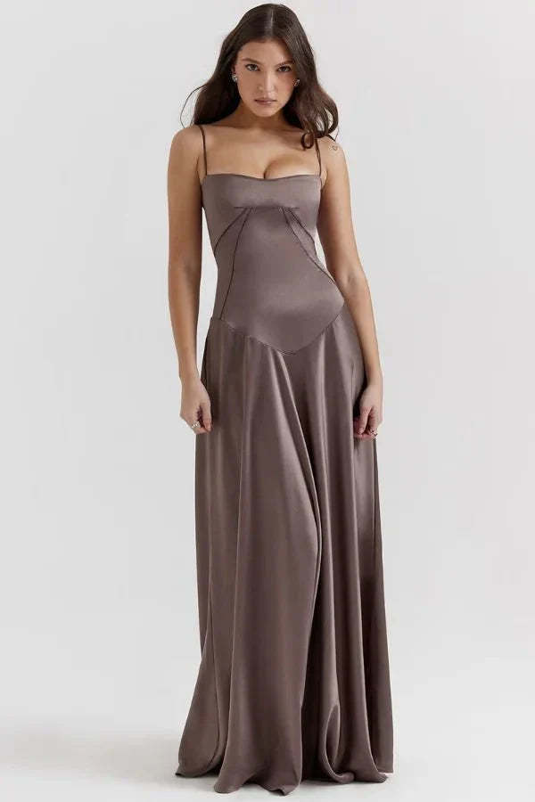 Taupe corset maxi dress with lace-up back detail and flowing hem