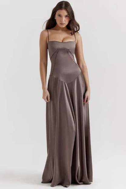 Taupe corset maxi dress with lace-up back detail and flowing hem