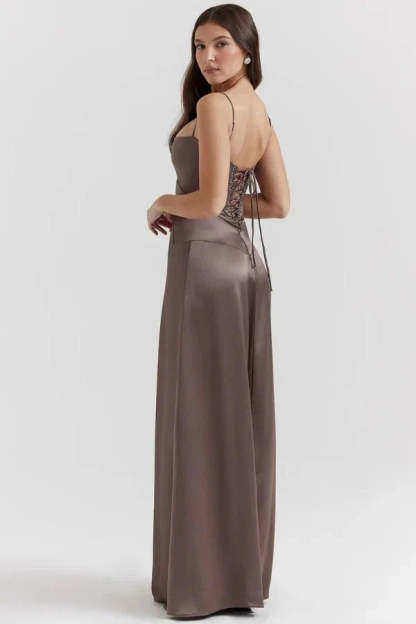 Back view of taupe corset maxi dress with lace-up corset closure