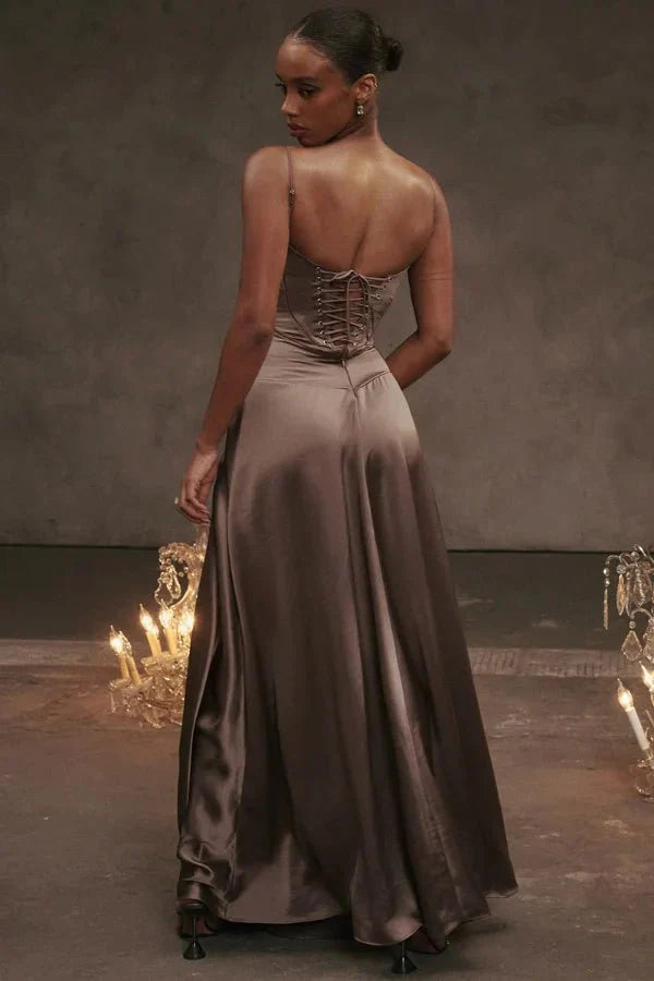 Taupe corset maxi dress back detail showing lace-up closure and open back