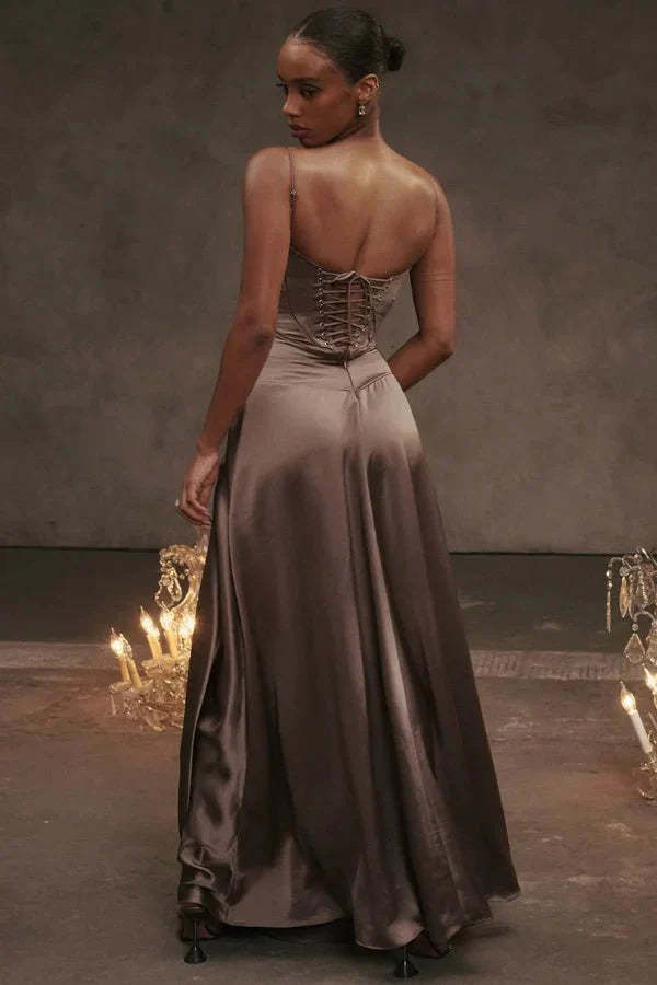 Taupe corset maxi dress back detail showing lace-up closure and open back