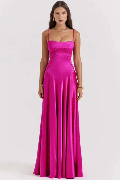 Magenta corset maxi dress with square neckline and draped skirt front view