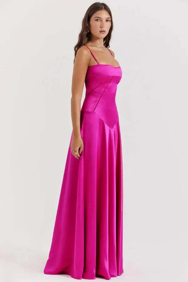pink corset maxi dress with spaghetti straps and structured bodice side view