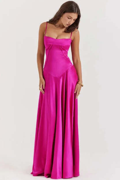 Fuchsia satin corset maxi dress with ruched waist and flowing hem