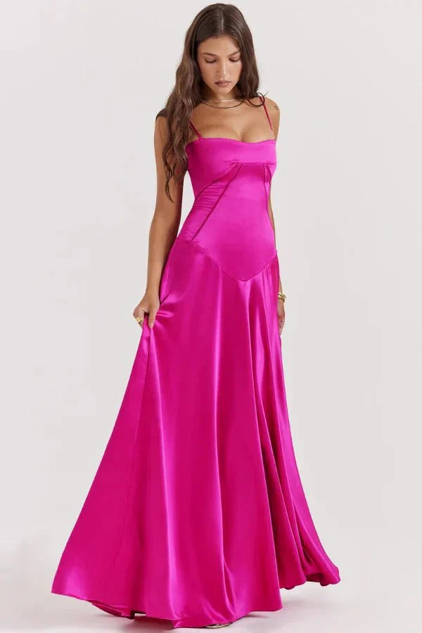 Magenta corset maxi dress with off-shoulder straps and floor-length skirt