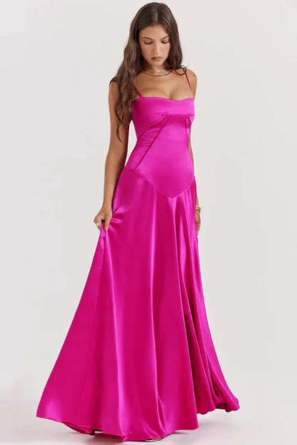 Magenta corset maxi dress with off-shoulder straps and floor-length skirt