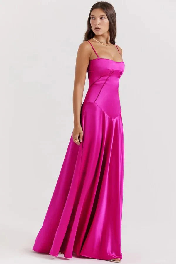 pink corset maxi dress back view showing lace-up corset detail