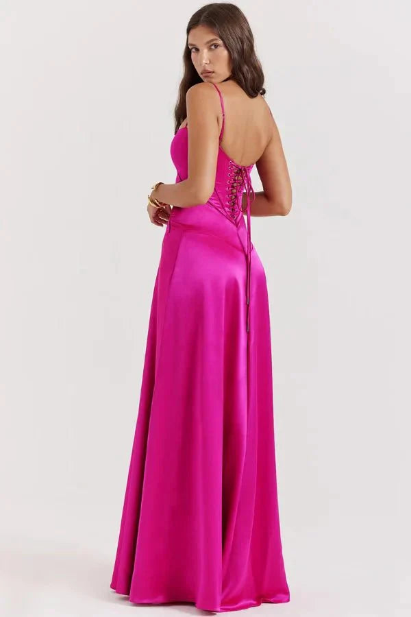 Fuchsia corset maxi dress back view with lace corset closure and satin skirt