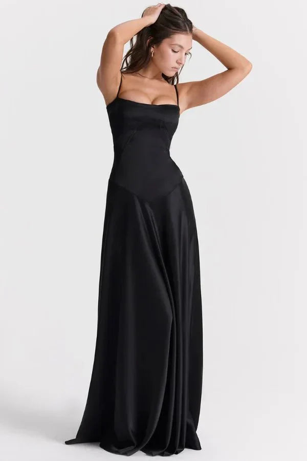 Black corset maxi dress with spaghetti straps side view