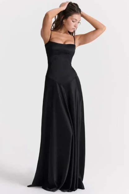 Black corset maxi dress with spaghetti straps side view